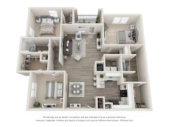 A 3D floor plan of a house with multiple rooms and furniture.