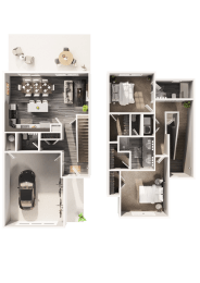 Floor Plan showing 2 bedroom, 2.5 bathroom townhome with a garage at Hillcrest Village, Arkansas