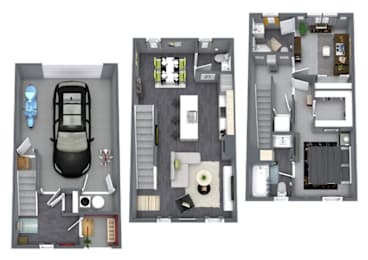 Three different floor plans of a house with a car parked in the garage.