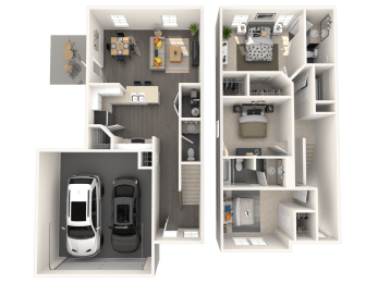 a floor plan of a two story apartment with a car in the garage