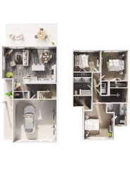 A Floor Plan showing a 3 bedroom, 2.5 bathroom townhome with an attached garage at Hillcrest Village, Arkansas, 72762