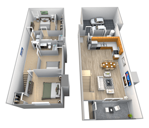 A 3D floor plan of a two-story apartment.
