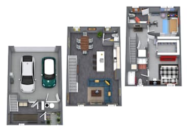 Three different floor plans of a house with a car parked outside.
