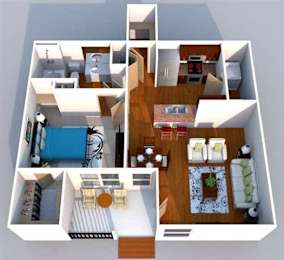 A 3D floor plan of a house showing a kitchen, living room, dining room, and bedrooms.