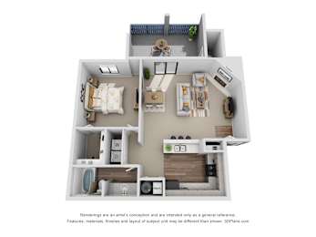 A 3D floor plan of a house with labeled rooms.