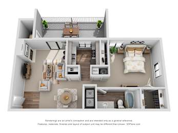 A 3D floor plan of a small apartment with a kitchen, living room, and bedroom.