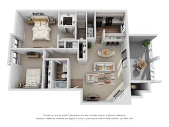 A 3D floor plan of a house with a kitchen, living room, and bedrooms.