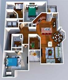 A 3D floor plan of a house with a kitchen, living room, dining room, and a swimming pool.