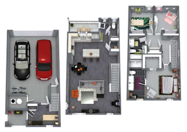 Three different layouts of a small apartment are shown.
