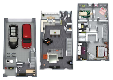 A 3D floor plan of a small apartment with a car and a parking space.