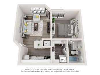 A 3D floor plan of a small apartment with a kitchen, living room, and bathroom.