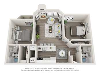 A 3D floor plan of a house with labeled rooms.