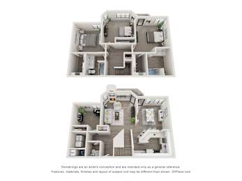 Two floor plan images of a house with a kitchen, living room, bedrooms and bathrooms.