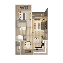 A floor plan of a house with a living room, kitchen, and bathroom.