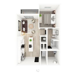 A modern apartment with a kitchen, living room, and bathroom.