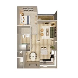 A floor plan of a small apartment with a kitchen, living room, and bathroom.