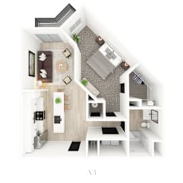 A 3D floor plan of a small apartment with a kitchen, living room, and bathroom.