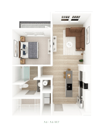 1 Bed 1 Bath Floorplan E at District on the Etowah Apartments, Canton, 30114