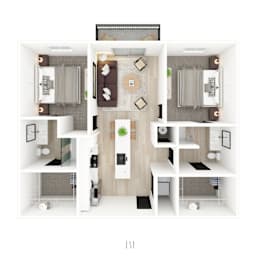 A top-down view of a two-bedroom apartment layout.