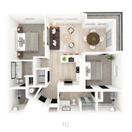 A top-down view of a modern apartment layout with a living room, kitchen, and two bedrooms.
