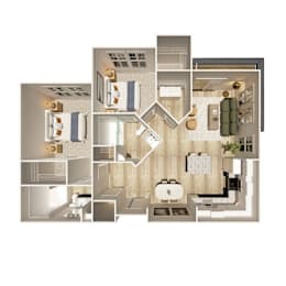 A floor plan of a house with a kitchen, living room, and bathrooms.