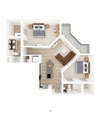 A top-down view of a house layout with a living room, kitchen, and two bedrooms. at District on the Etowah Apartments, Canton, 30114