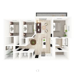 A floor plan of a house with a living room, dining room, kitchen, and bathroom.