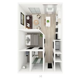 A floor plan of a small apartment with a kitchen, living room, and bathroom.