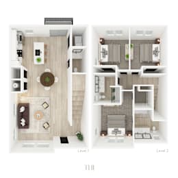 A floor plan of a two-level home with a living room, kitchen, and bathrooms.
