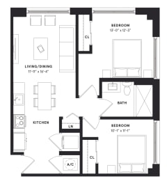 floorplan of a two bedroom luxury apartment at 29 Wyn apartments in Miami, FL
