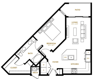 A6 One Bedroom One Bath Floor Plan at Berkshire Pullman, Frisco, 75034
