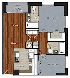 A floor plan of a house with a living room, dining room, kitchen, two bedrooms, a bathroom, and a balcony.