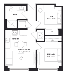 floorplan of a one bedroom apartment with a den at 29 Wyn apartments in Miami
