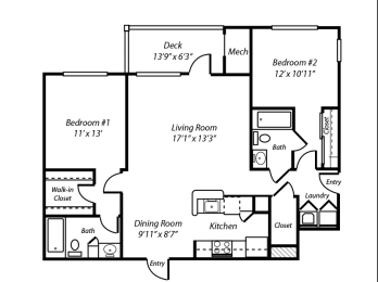 2 bedroom 2 bath Floor Plan at Ellington Metro West, Westborough, Massachusetts