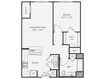 a floor plan of a studio apartment with a bedroom and a living room