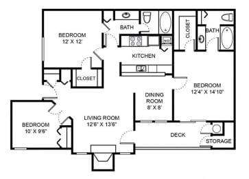 2 Bed 2 Bath Floor Plan at Saw Mill Village Apartments, Ohio, 43235