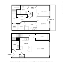 T1 2 bedroom 2 bath floorplan