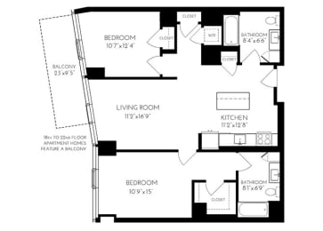 Two Bedroom Two Bathroom 2 D - 1  Floorplan at The Benjamin Seaport Residences, Massachusetts, 02210