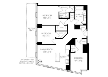 Three Bedroom Two Bathroom 3 A - 1 Floorplan at The Benjamin Seaport Residences, Boston, MA, 02210