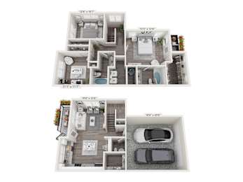 A floor plan of a two-story house with a garage.
