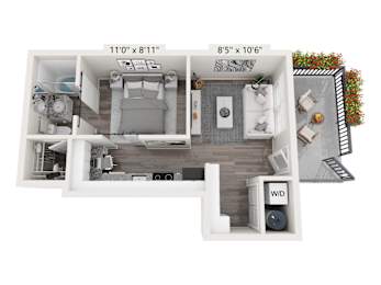 A floor plan of a small apartment with a bedroom, living room, and bathroom.