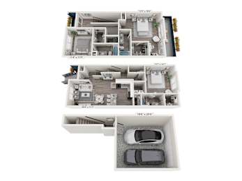 A diagram of a house layout with three bedrooms, a living room, a kitchen, and a garage.