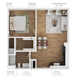 A floor plan of a small apartment with a laundry area, bedroom, living/dining room, kitchen, and bathroom.