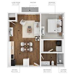A diagram of a small apartment layout with a living room, kitchen, bathroom, bedroom, balcony, and laundry area.
