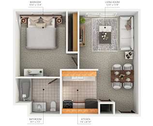 A diagram shows the layout of a small apartment with a bedroom, living room, kitchen, and bathroom.