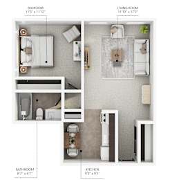 A diagram shows the layout of a small apartment with a bedroom, living room, bathroom, and kitchen.