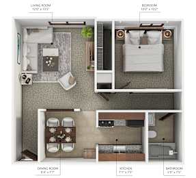 A diagram shows the layout of a small apartment with a living room, dining room, kitchen, bedroom, and bathroom.
