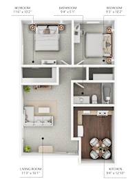A diagram of a small apartment with a living room, kitchen, and two bedrooms.
