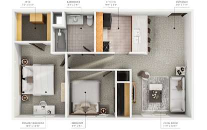 A diagram shows the layout of a small apartment with a living room, kitchen, bathroom, and two bedrooms.