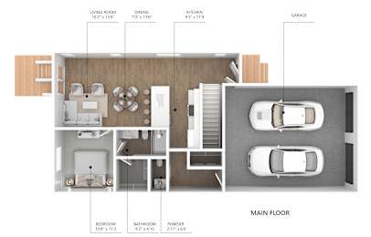 A floor plan of a house with a living room, dining room, kitchen, garage, and main floor with a bedroom and bathroom.